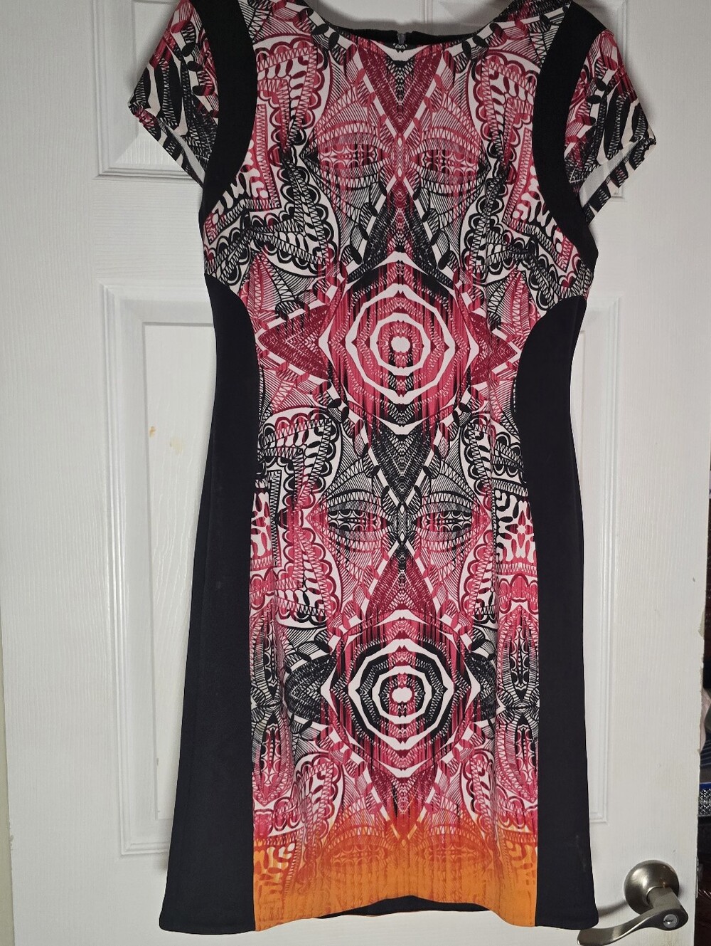 Maggy London Black Sheath Dress with Pink and Orange Gradient Print
